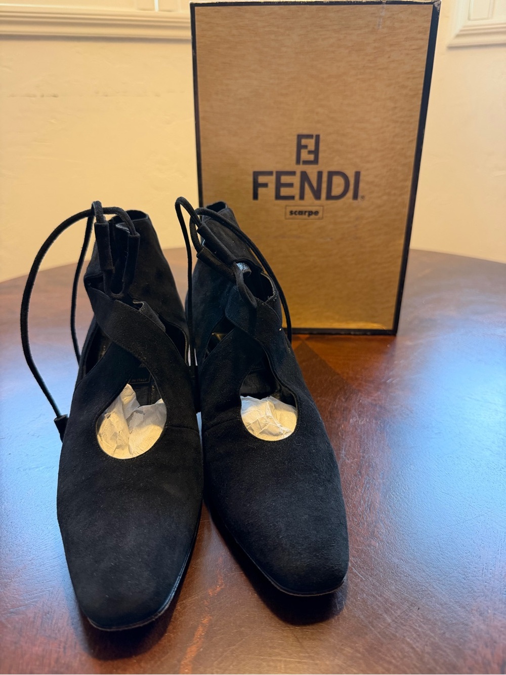 Fendi “Marissa” Black Suede Lace-Up Cutout Booties